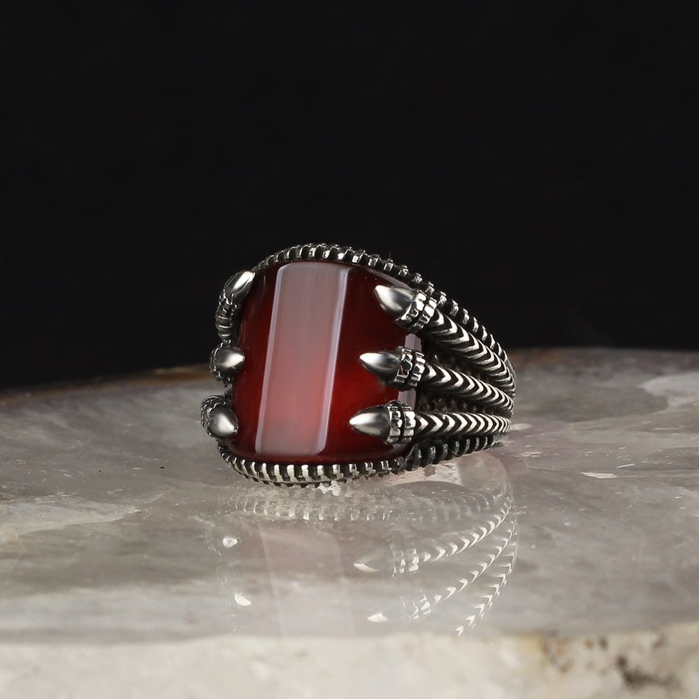 925 Sterling Silver Men's Ring with Red Agate Stone