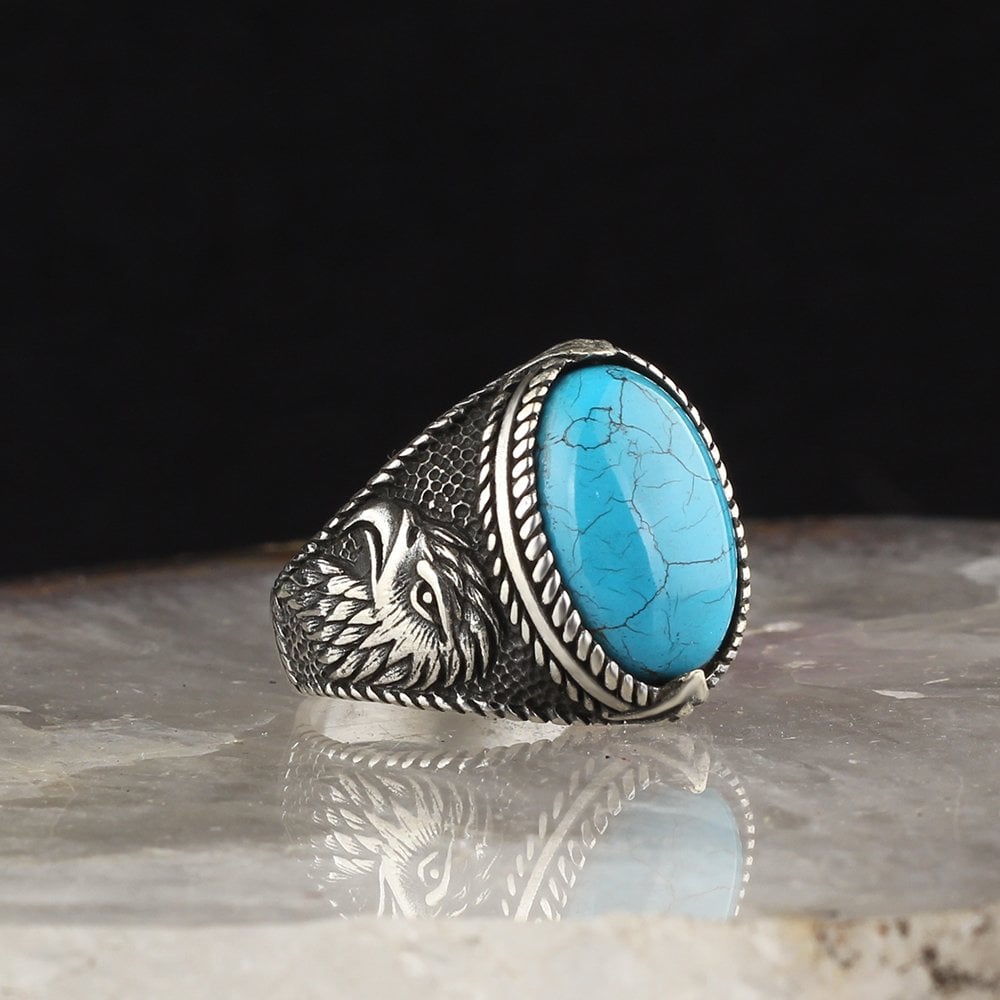 Eagle Model Turquoise Stone 925 Sterling Silver Men's Ring