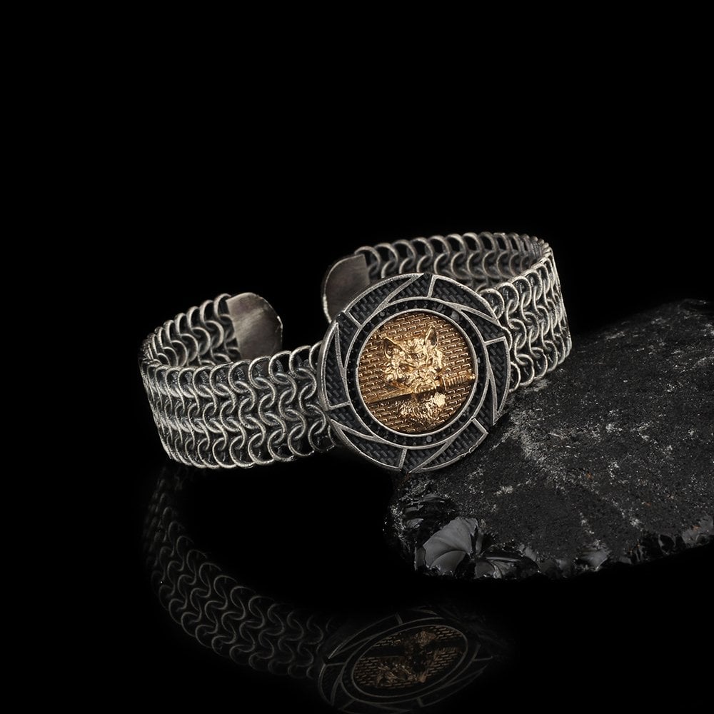 Wolf Head Knitted Pattern Antique Men's Silver Bracelet