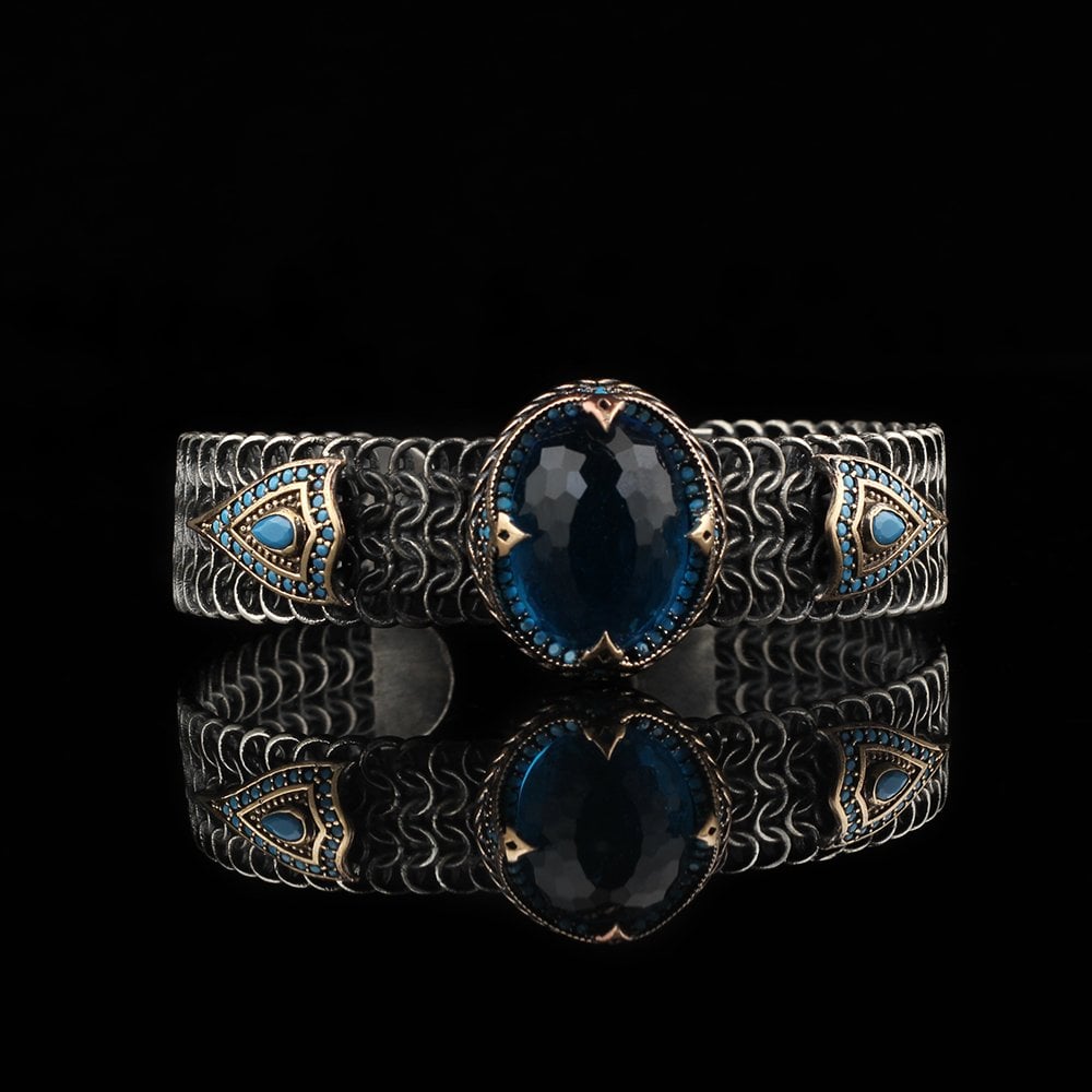 Blue Topaz Stone Braided Model 925 Sterling Silver Men's Bracelet