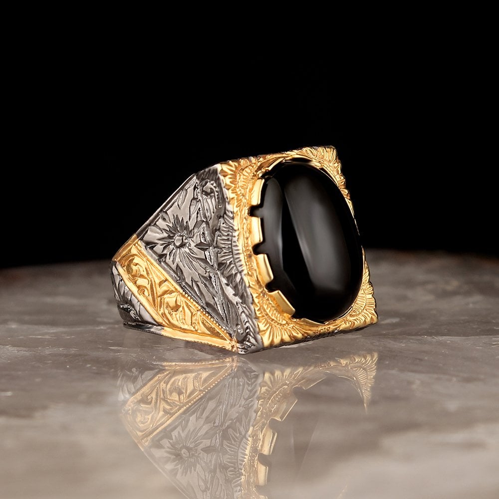 Hand Engraved , Rhodium Plated, Handcrafted, Onyx Stone, 925 Sterling Silver Men's Ring