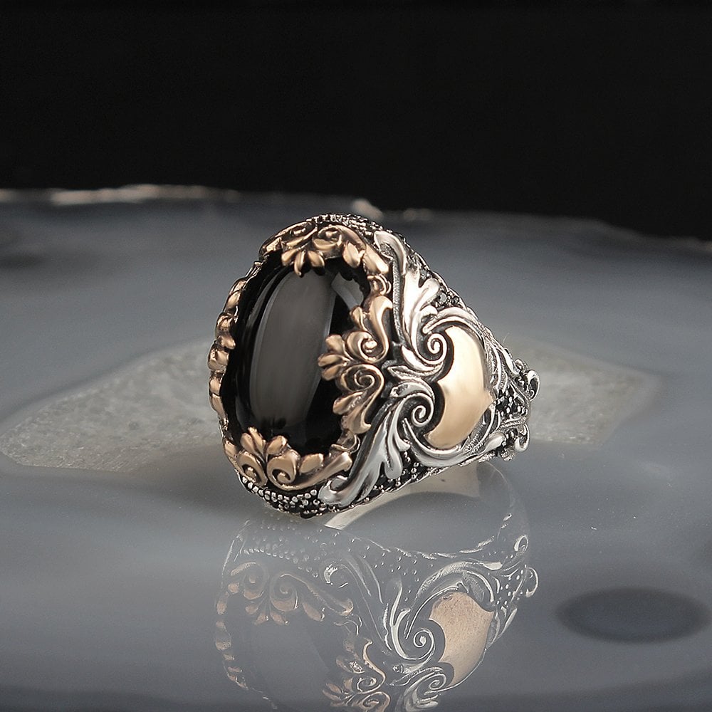 Onyx Stone Hand Engraved  925 Sterling Silver Ring