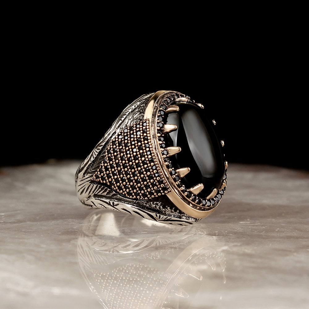 Onyx Stone Pen Engraving 925 Sterling Silver Ring