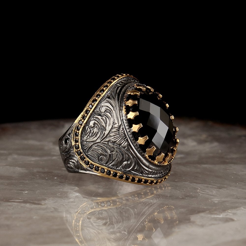 925 Sterling Silver Ring with Rhodium Plated Hand Engraved