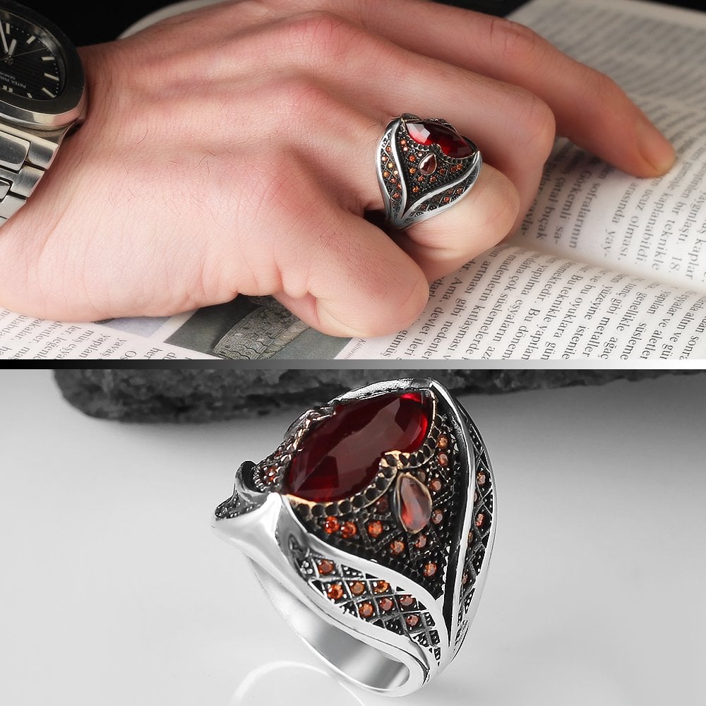 925 Sterling Silver Men's Ring with Marquise Cut Zircon Stone