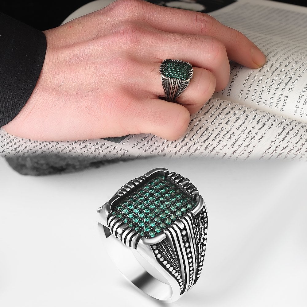 Micro Stone Hand Engraved  925 Sterling Silver Men's Ring