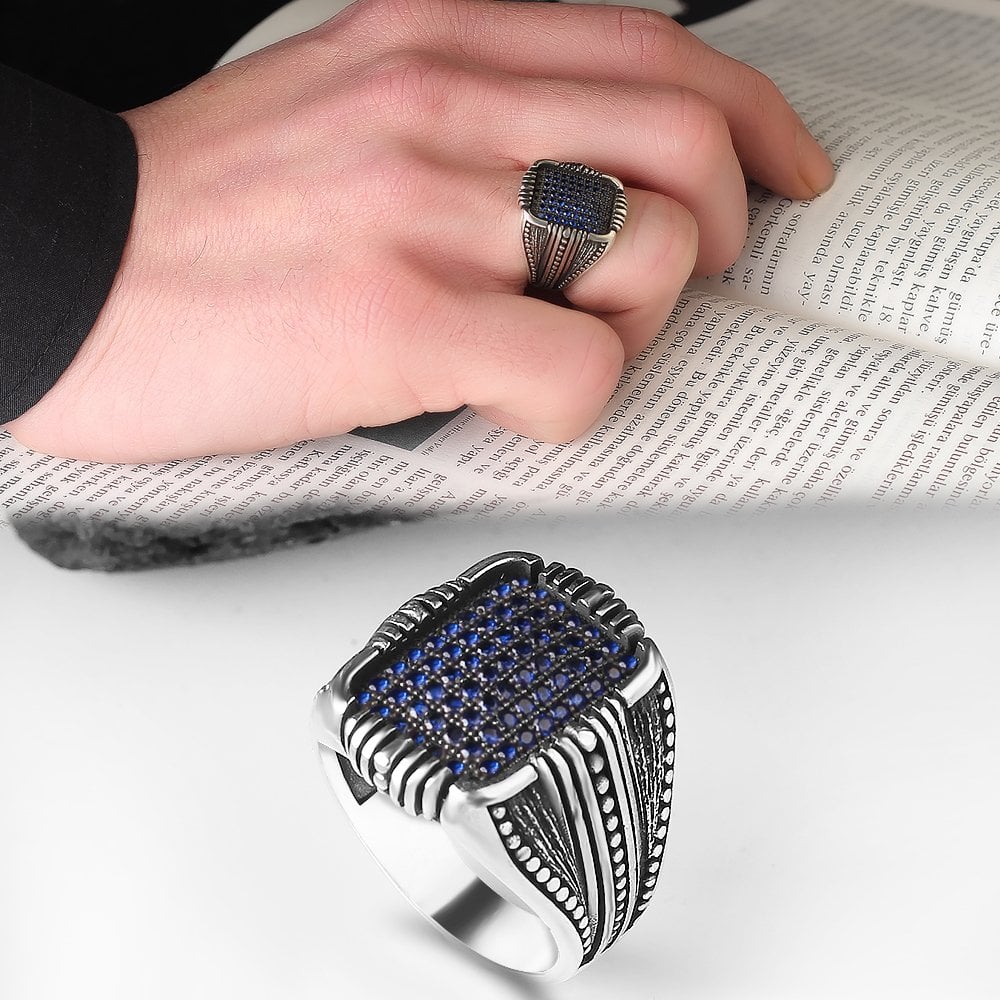 Micro Stone Hand Engraved  925 Sterling Silver Men's Ring