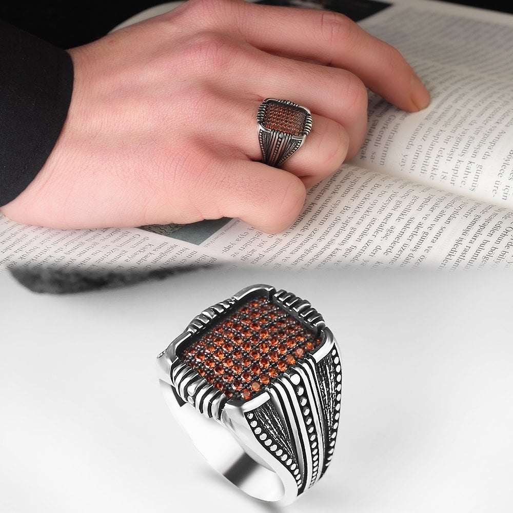 Micro Stone Hand Engraved  925 Sterling Silver Men's Ring