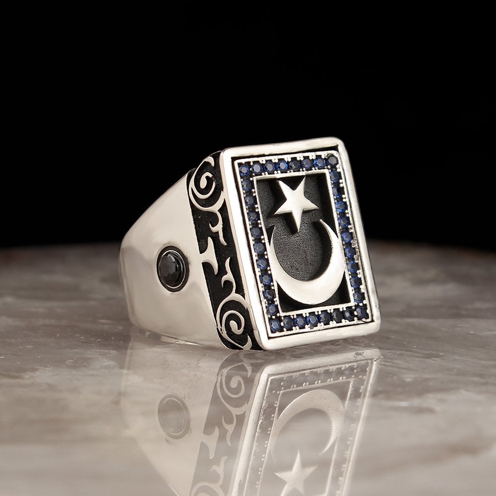 Blue Zircon Stone Crescent and Star Model 925 Sterling Silver Ring