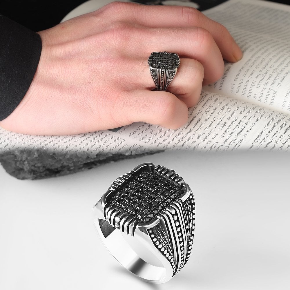 Micro Stone Hand Engraved  925 Sterling Silver Men's Ring