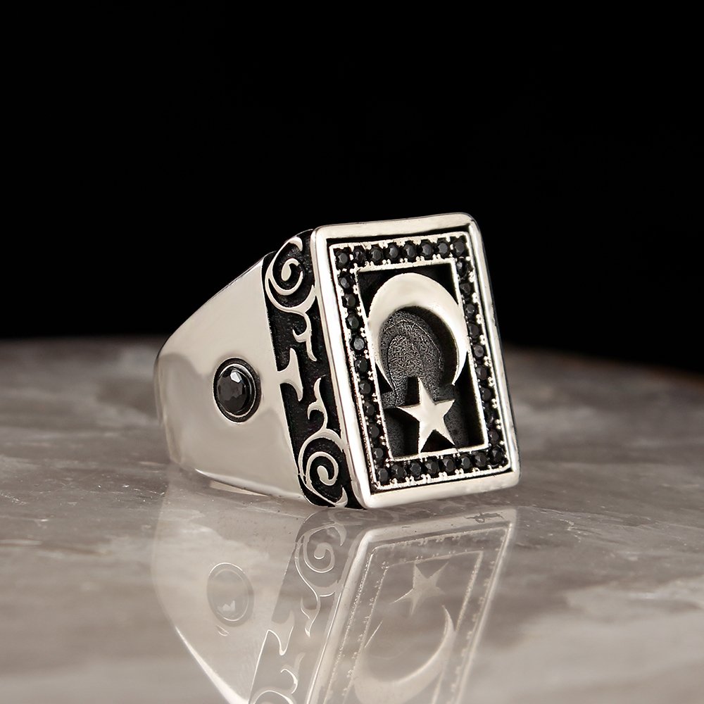Crescent and Star Model 925 Sterling Silver Ring with Black Zircon Stone
