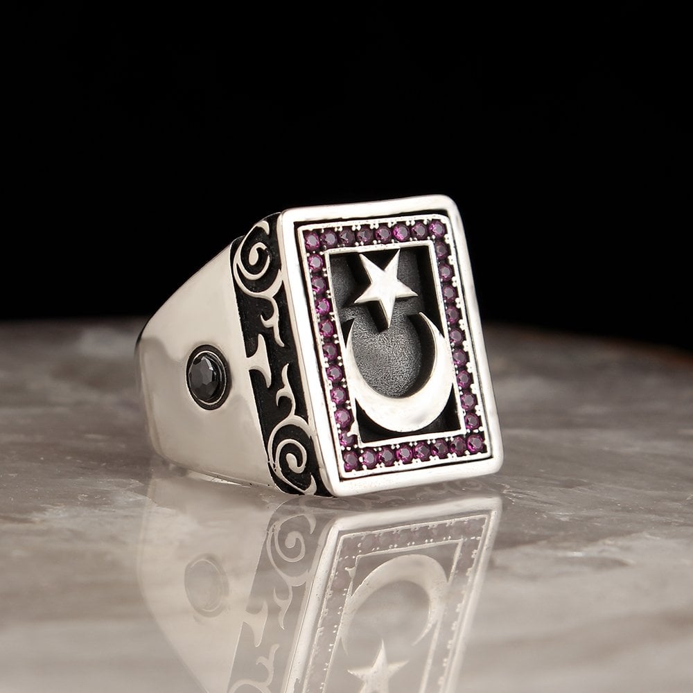 Star and Crescent Model 925 Sterling Silver Ring with Zircon Stone
