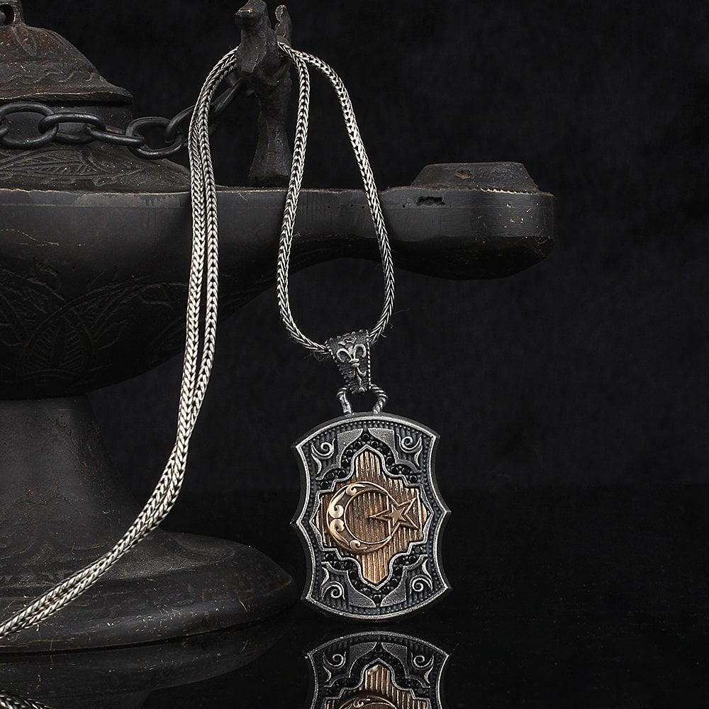 Crescent and Star Model 925 Sterling Silver Men's Necklace