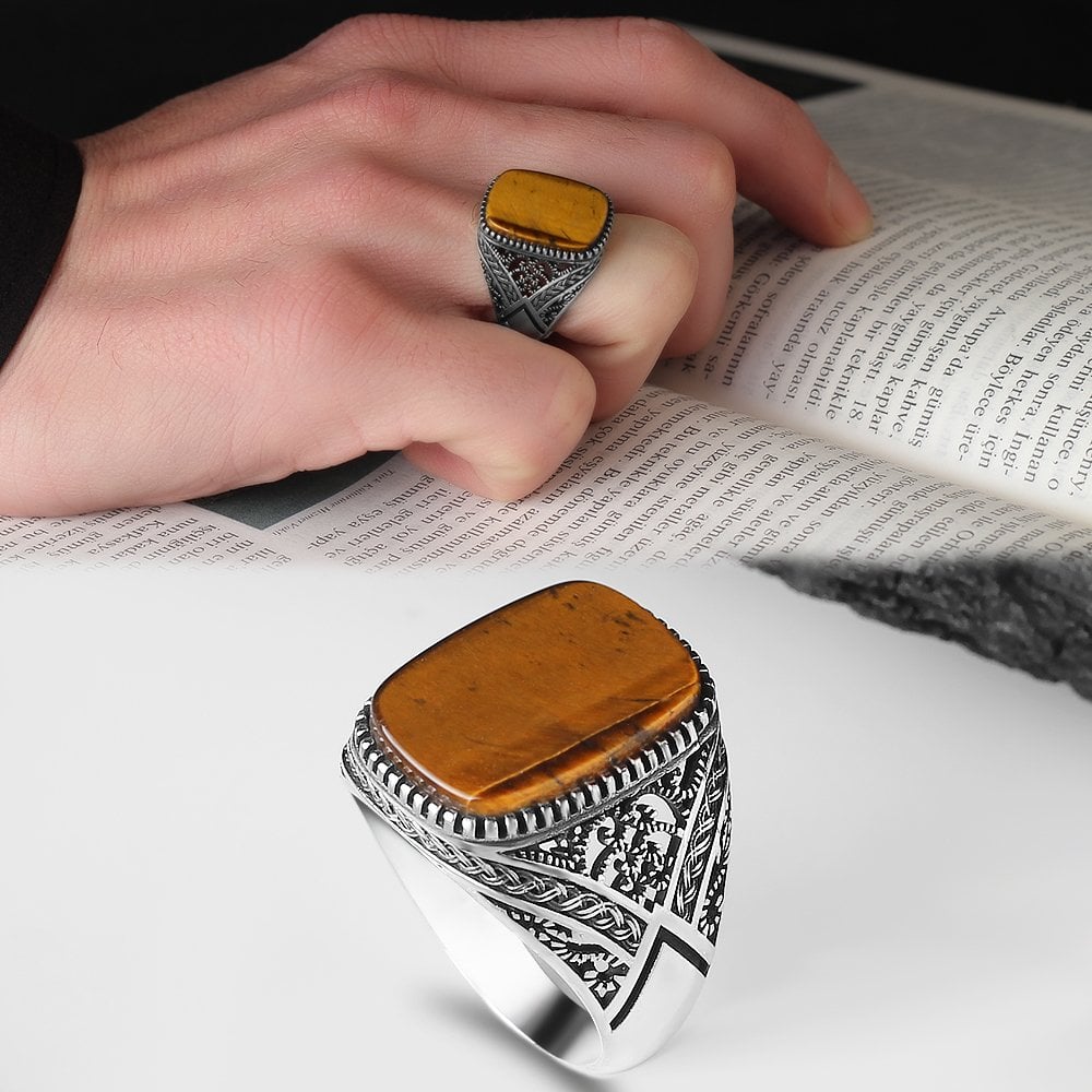 Tiger Eye Stone Hand Engraved  925 Sterling Silver Men's Ring