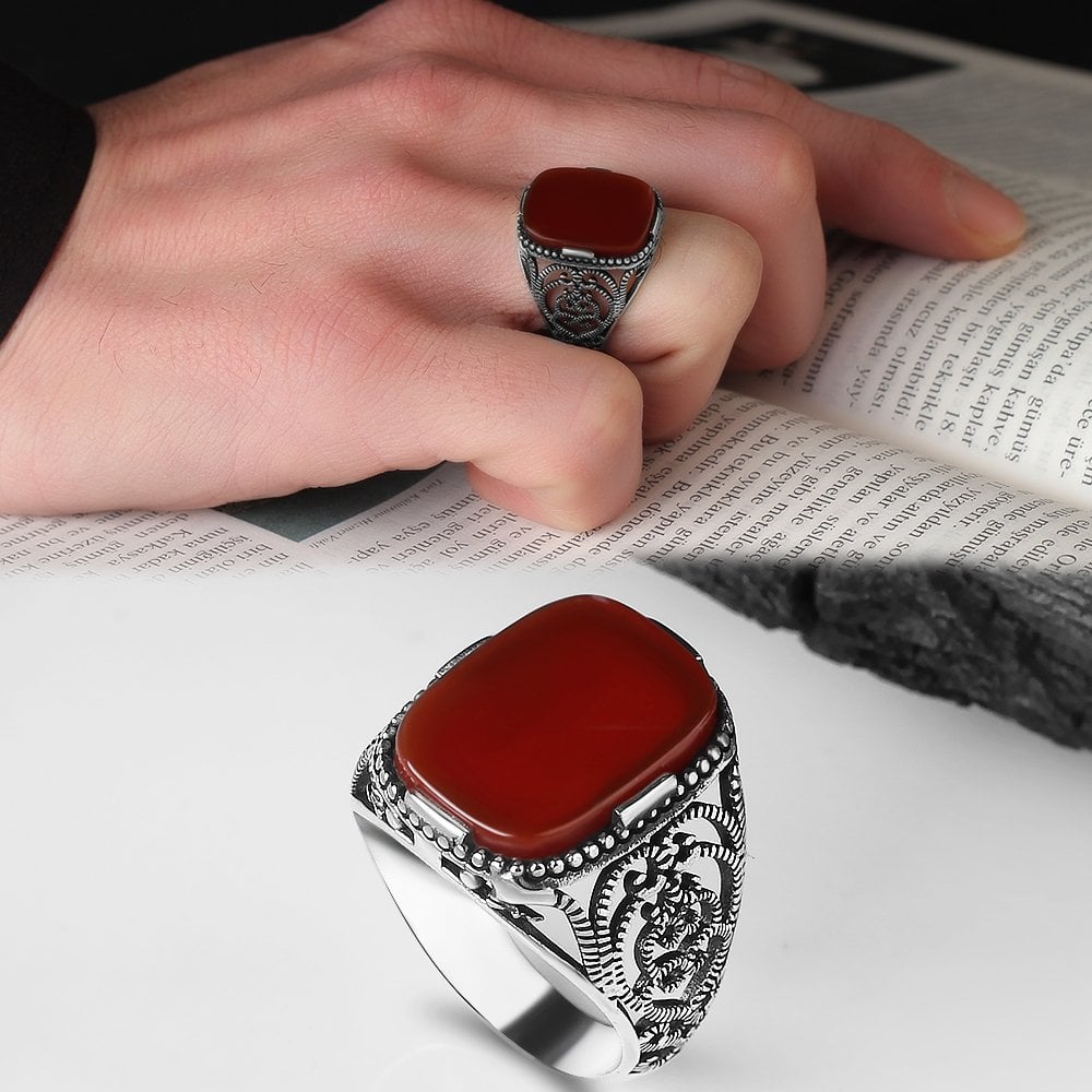 Agate Stone Hand Engraved  925 Sterling Silver Men's Ring