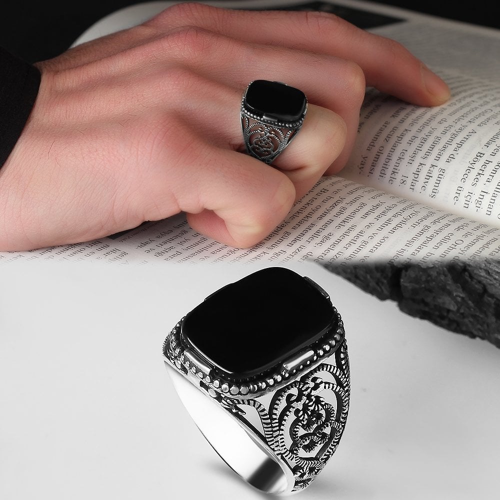 Onyx Stone Hand Engraved  925 Sterling Silver Men's Ring