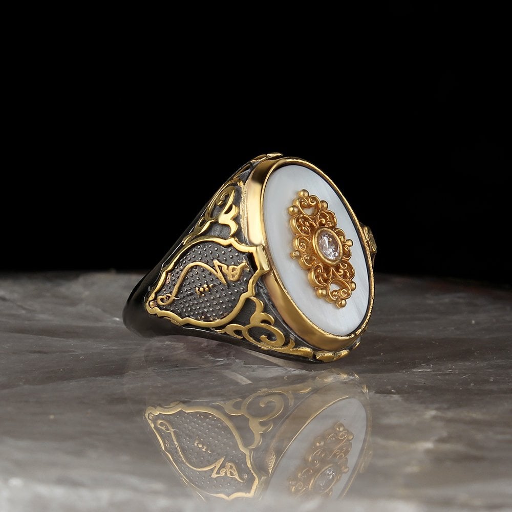 Rhodium Plated 925 Sterling Silver Men's Ring with None Written Pattern and Mother-of-Pearl Stone