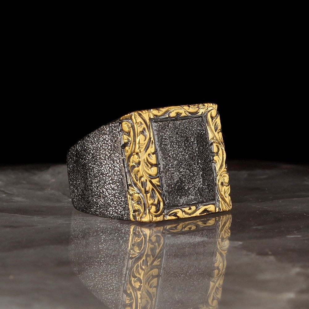 Hand Engraved , Rhodium Plated Silver Ring Prepared with Sandblasting Technique