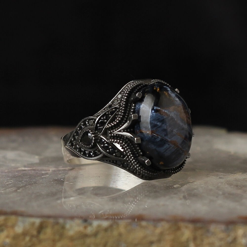 925 Sterling Silver Men's Ring with Pietersite Stone