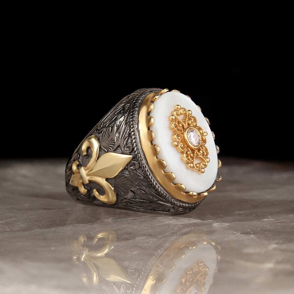 Hand Engraved  Rhodium Plated 925 Sterling Silver Ring with Mother-of-Pearl Stone