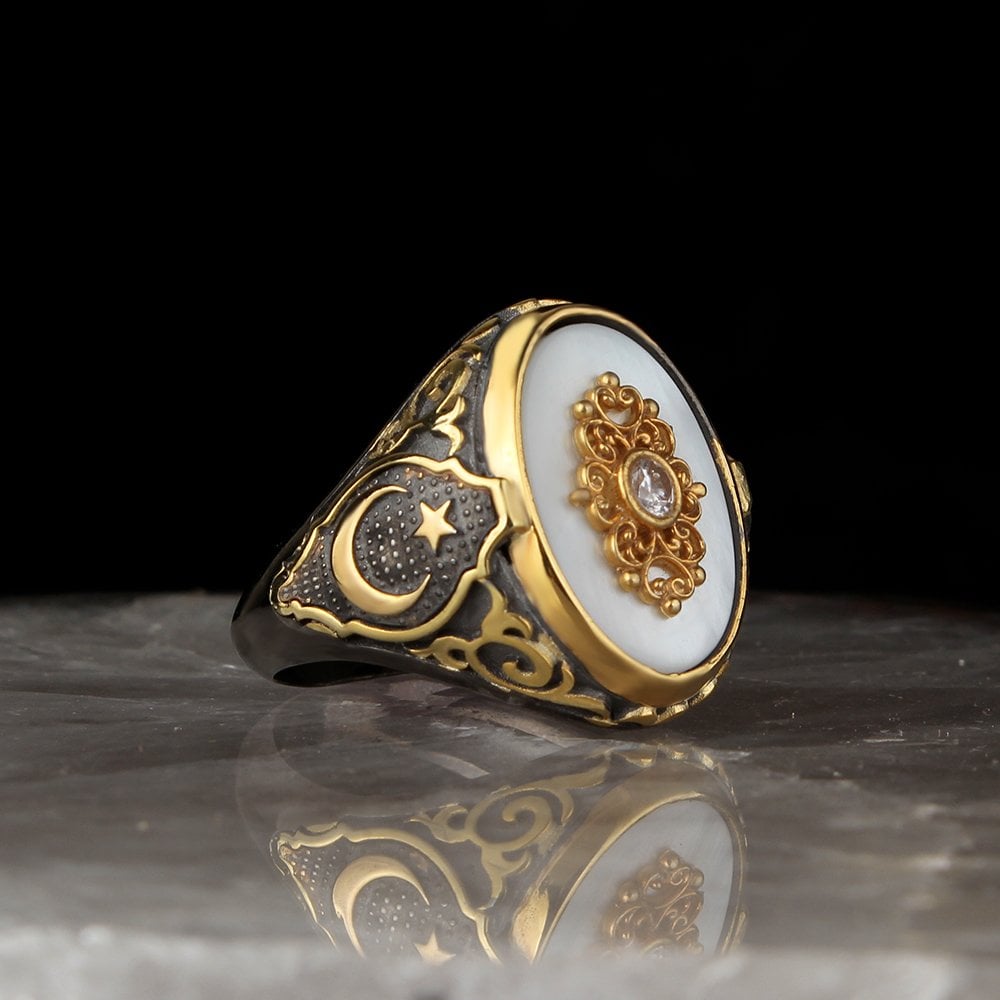 Rhodium Plated 925 Sterling Silver Men's Ring with Crescent and Star Model Onyx Stone