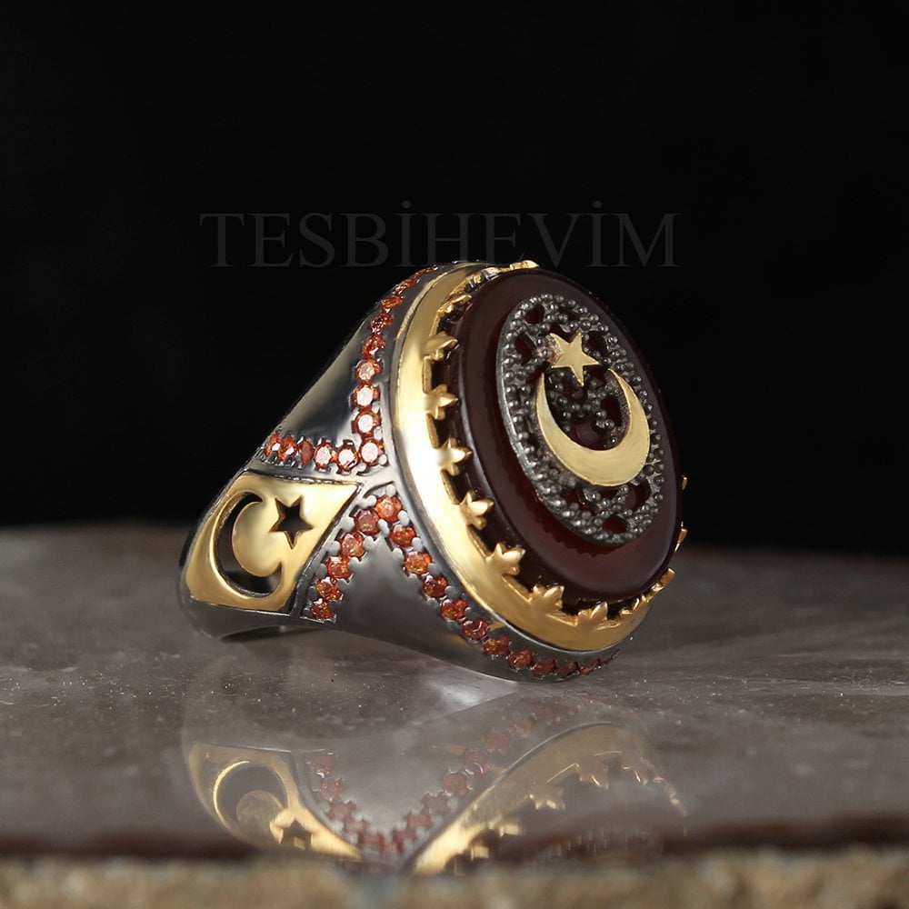 Rhodium Plated Silver Ring with Agate Stone and Star and Crescent