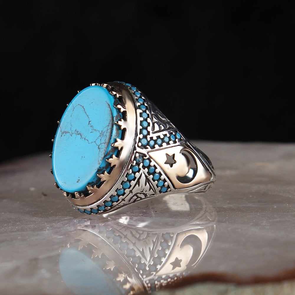 925 Sterling Silver Men's Ring with Turquoise Stone and Star and Crescent