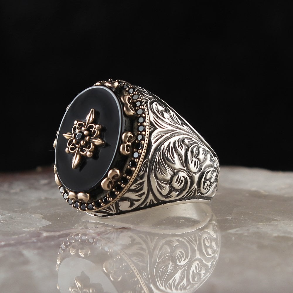 Onyx Stone Hand Engraved Silver Ring