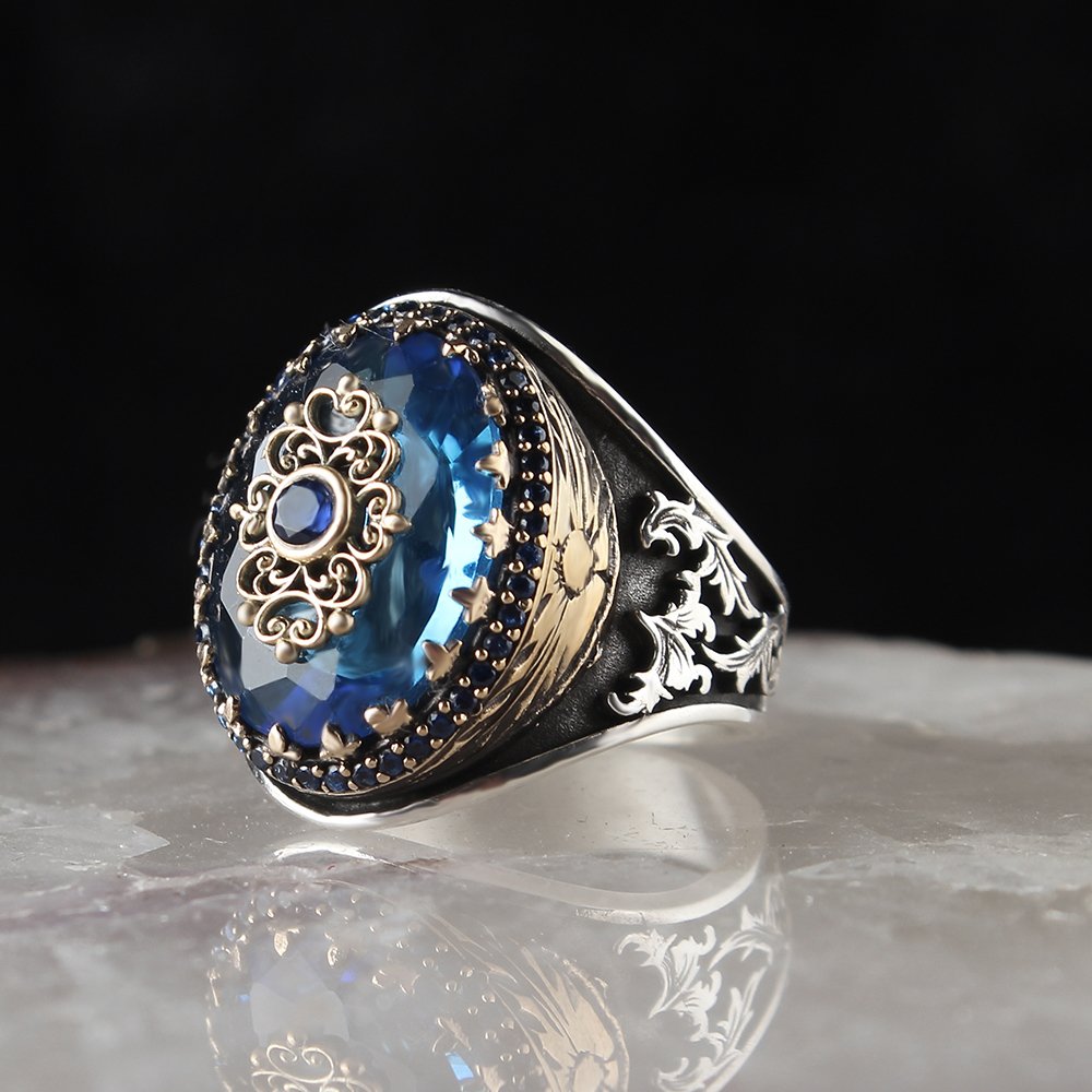 Silver Men's Ring with Blue Topaz Stone