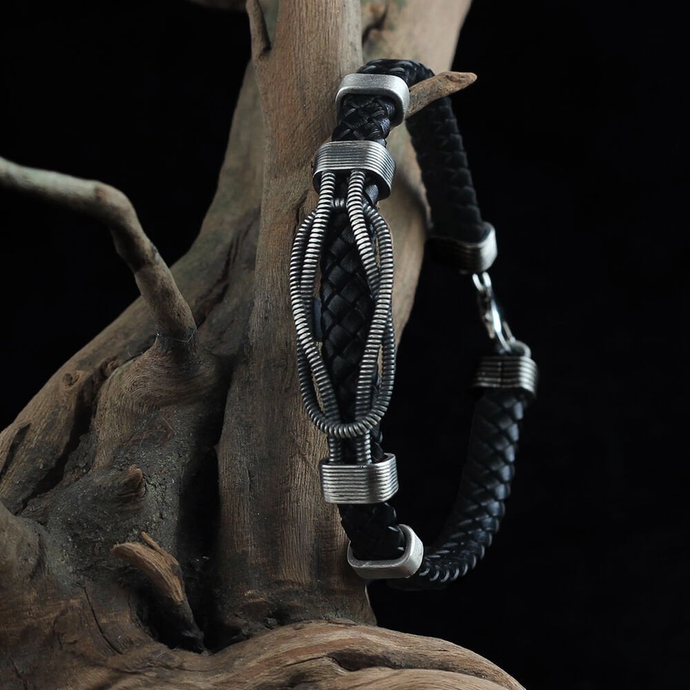 Auger Model 925 Sterling Silver Leather Bracelet for Men