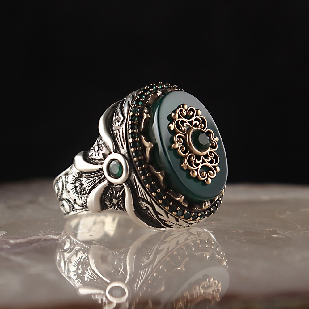 Agate Stone Hand Engraved Silver Men's Ring