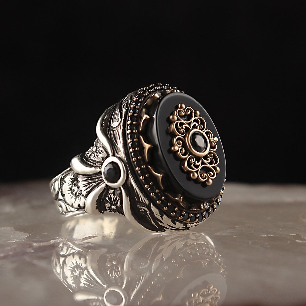 Onyx Stone Hand Engraved Silver Men's Ring