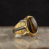 925 Sterling Silver Men's Ring with Rhodium Plated Tiger's Eye Stone