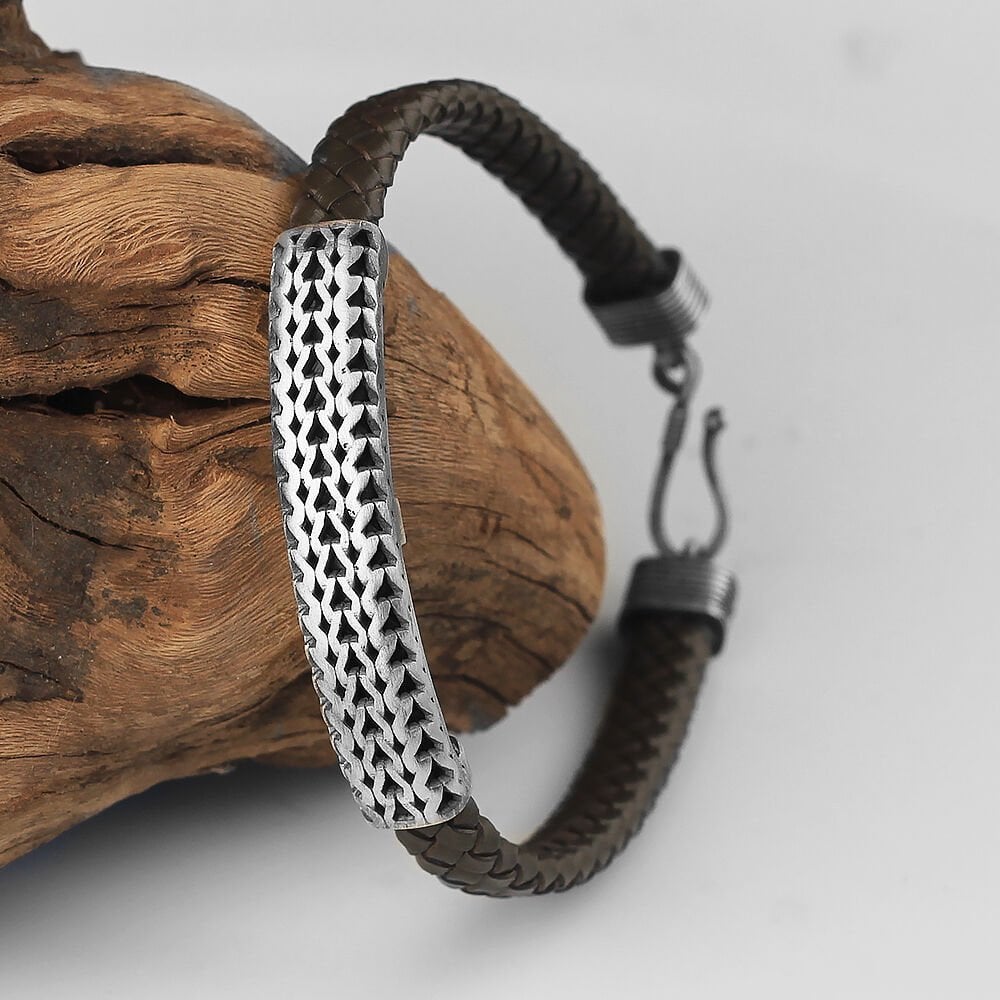 Chain Model 925 Sterling Silver Leather Bracelet for Men