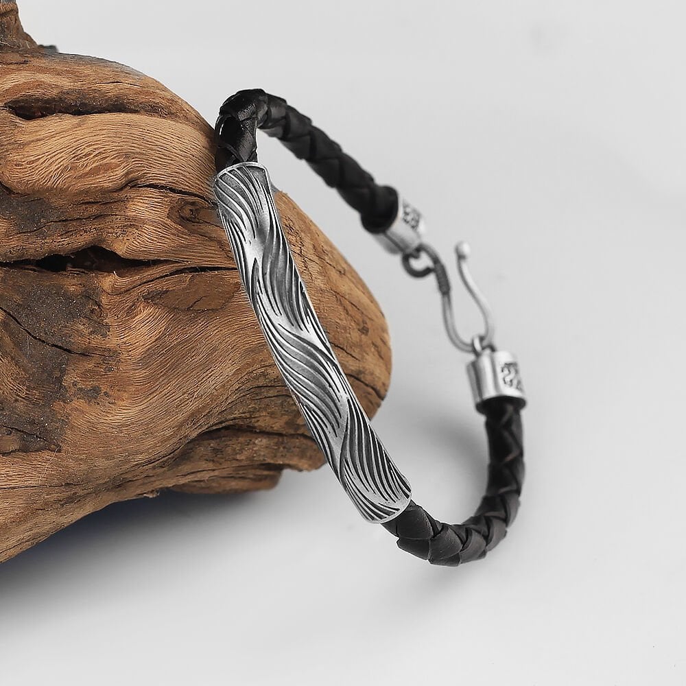 Hand Engraved  Model 925 Sterling Silver Leather Bracelet for Men