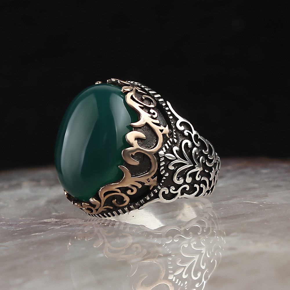Silver Men's Ring with Green Agate Stone