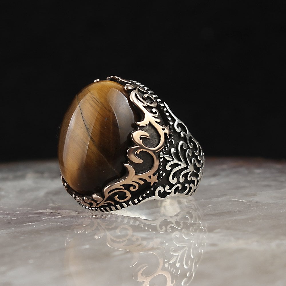 Silver Men's Ring with Tiger Eye Stone
