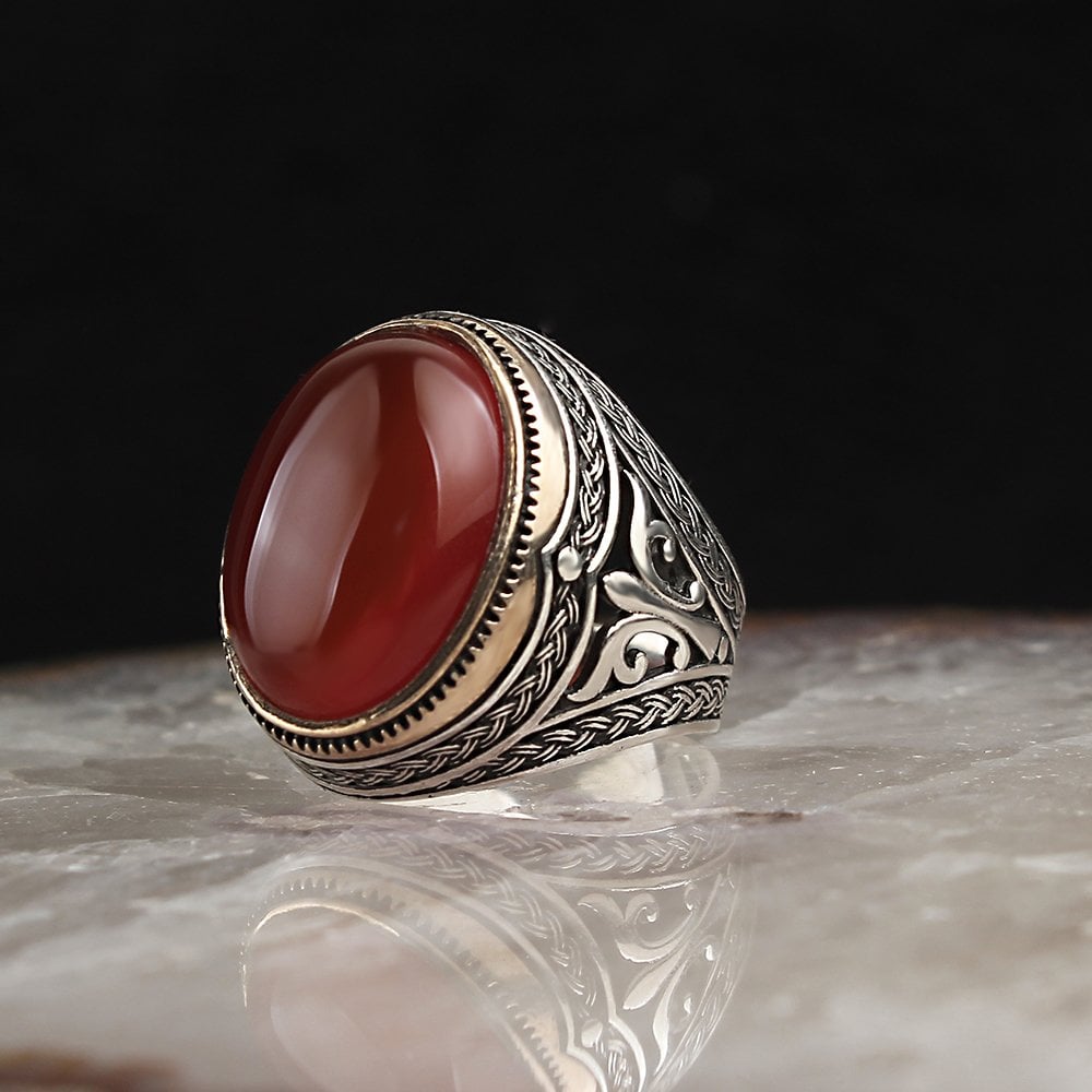 925 Sterling Silver Men's Ring with Red Agate Stone