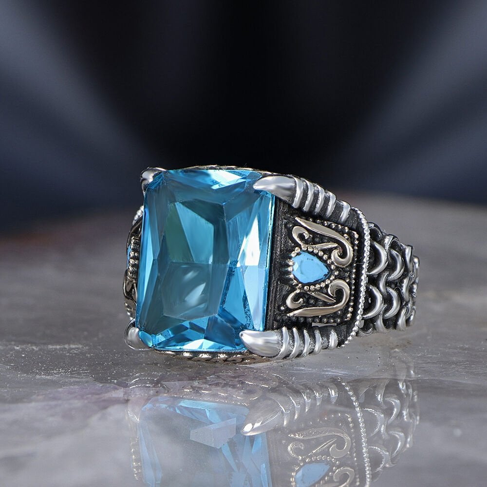 Chain Series 925 Sterling Blue Topaz Men's Silver Ring