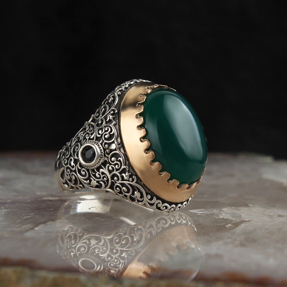 Agate Stone Hand Engraved  925 Sterling Silver Men's Ring