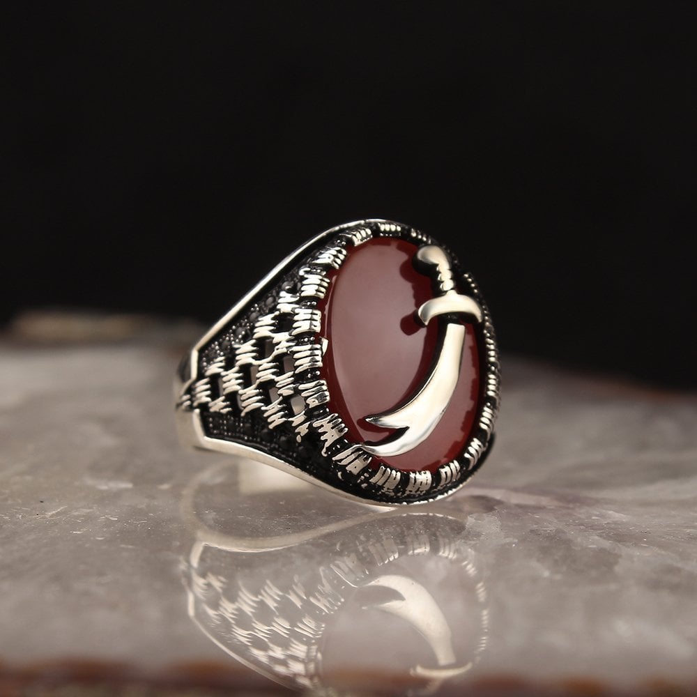 925 Sterling Silver Men's Ring with Agate Stone and Sword