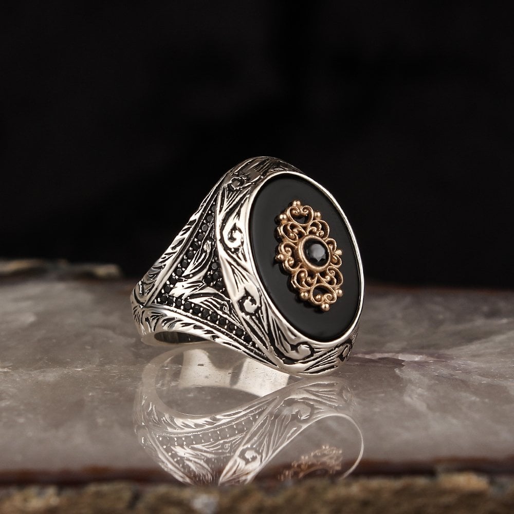 Onyx Stone Hand Engraved  925 Sterling Silver Men's Ring