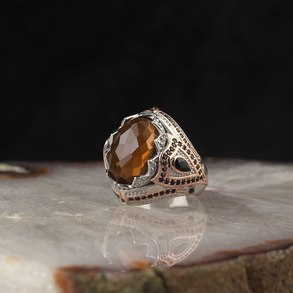 925 Sterling Silver Men's Ring with Rhodium Cut Zircon Stone