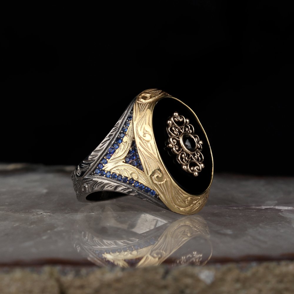 Onyx Stone Hand Engraved , Rhodium Plated 925 Sterling Silver Men's Ring