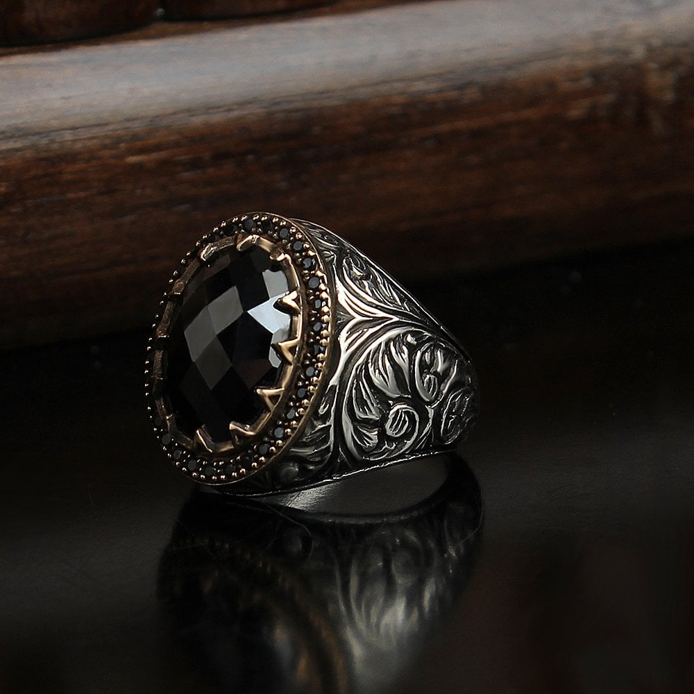 925 Sterling Silver Men's Ring with Hand Engraved  and Zircon Stone