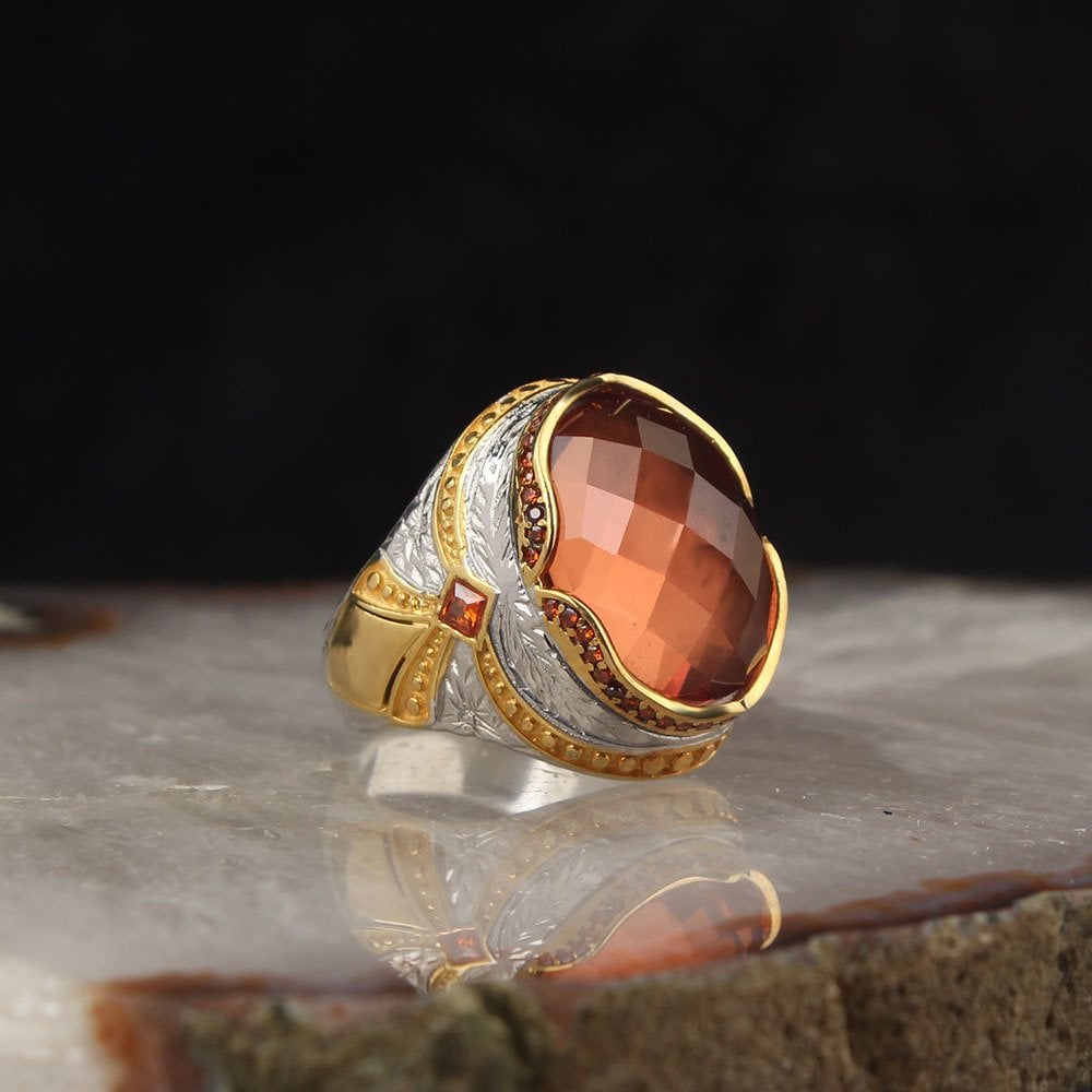 925 Sterling Silver Men's Ring with Rhodium Plated Quartz Stone