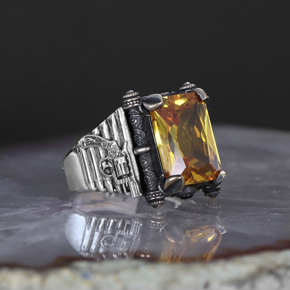 Revolver Model Citrine Stone 925 Sterling Silver Men's Ring