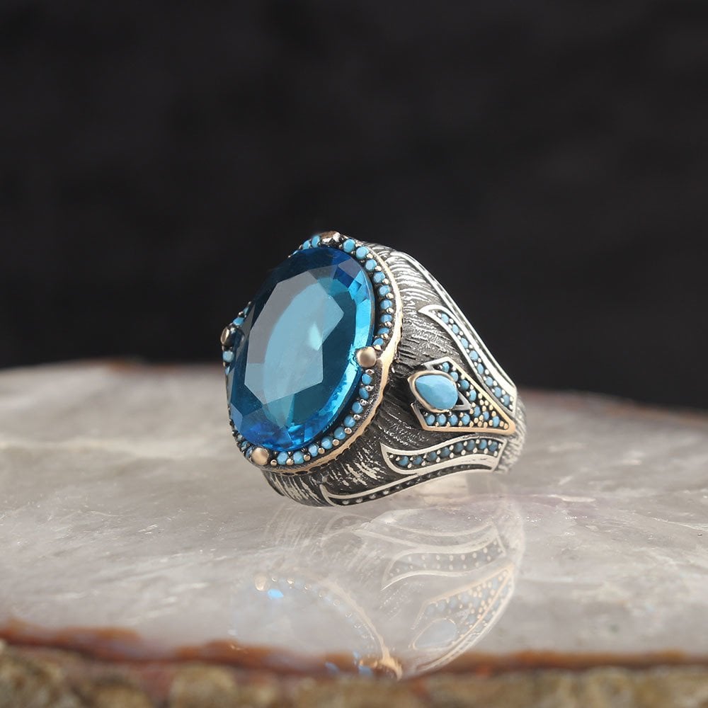 Crystal Cut 925 Sterling Silver Men's Ring with Blue Topaz Stone