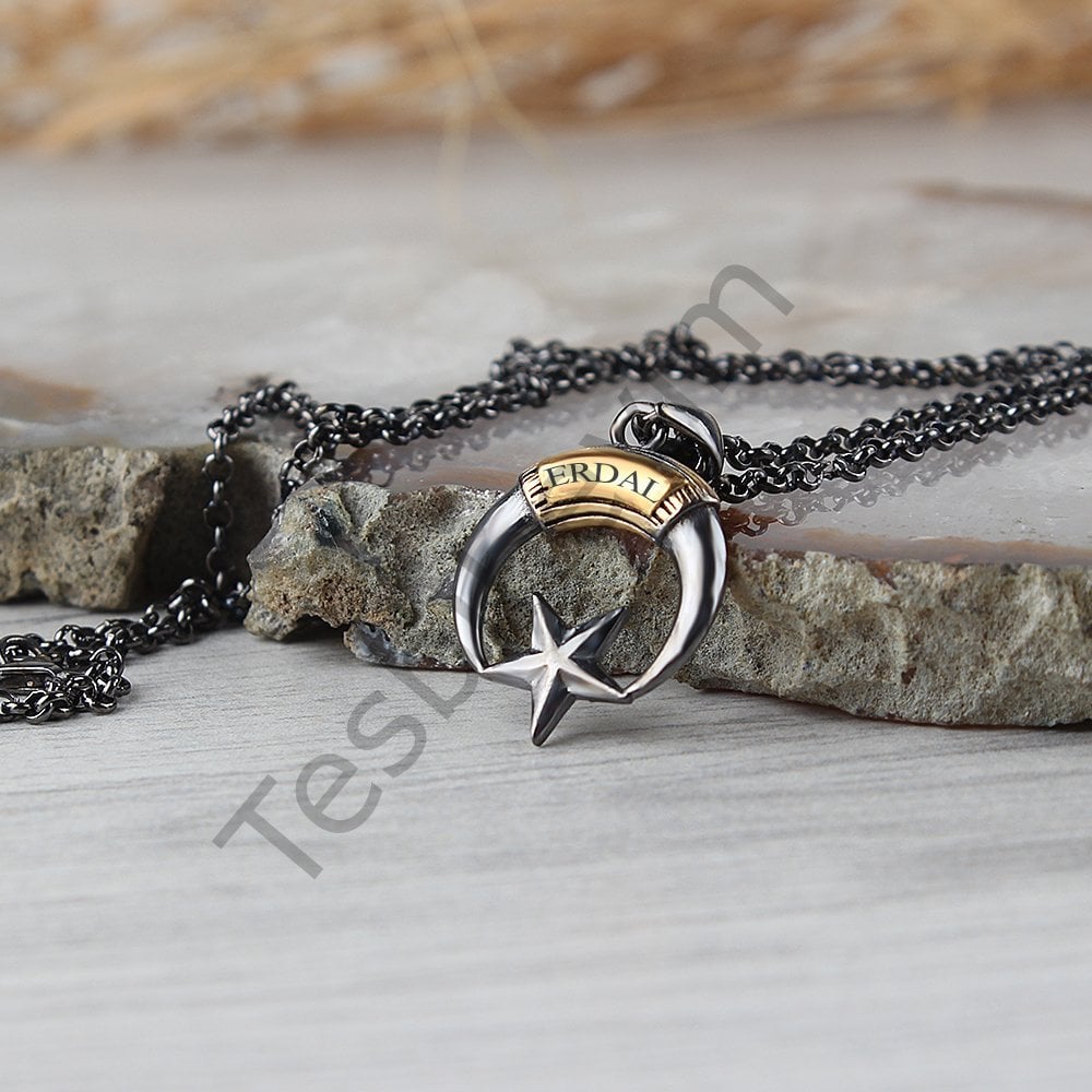 Men's Necklace with Rhodium Star and Crescent Name