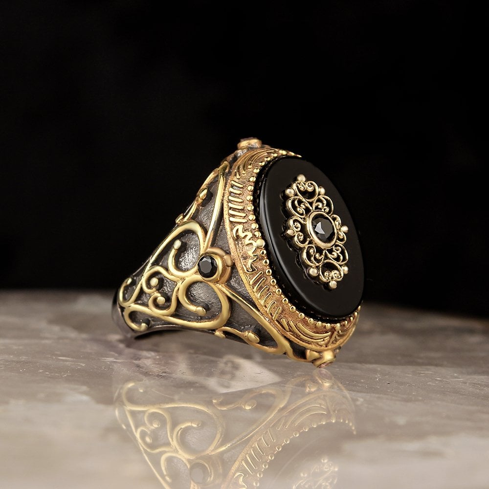 Onyx Stone Rhodium Plated 925 Sterling Silver Men's Ring